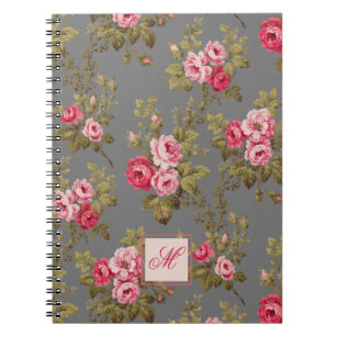 Elegant Vintage Roses w/Monogram-Gray Background Notebook