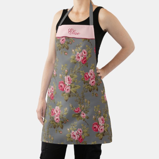 Elegant Vintage Roses w/Name-Gray Background Apron (Insitu)