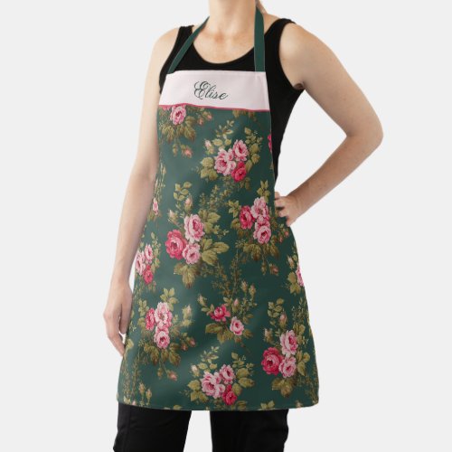 Elegant Vintage Roses wName_Green Background Apron