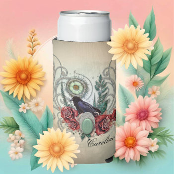 Elegant Vintage Roses With Crow Seltzer Can Cooler by stylishdesign1 at Zazzle