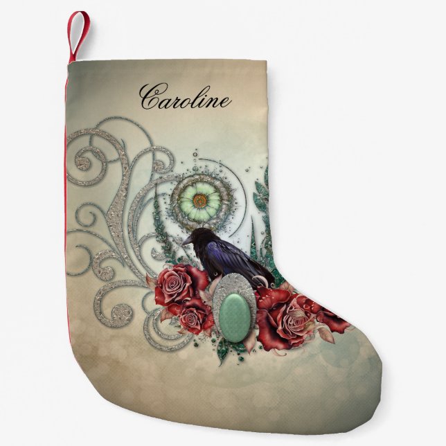 Elegant vintage roses with crow small christmas stocking (Front)