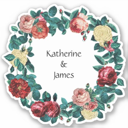 Elegant Vintage Roses Wreath Couple Names  Sticker