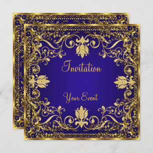 Elegant vintage Royal Blue Gold Invitation