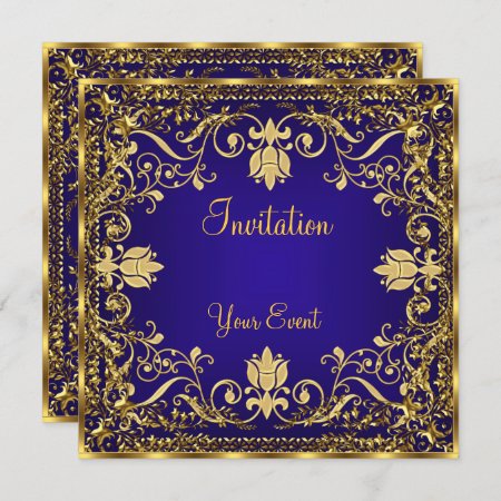 Elegant Vintage Royal Blue Gold Invitation