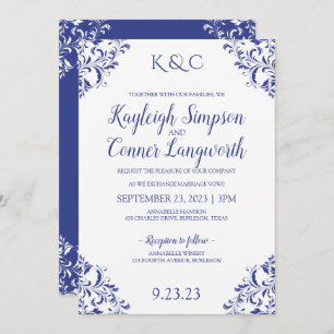 Elegant Vintage Royal Blue Wedding Invitations
