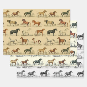 Elegant Vintage Rustic Beige Horse Breeds Toile Wrapping Paper Sheets
