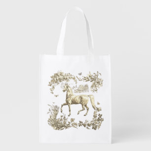 Elegant Vintage Rustic Beige Horse Floral Toile Grocery Bag