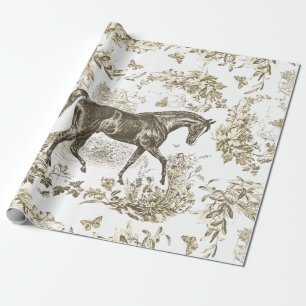 Elegant Vintage Rustic Beige Horse Floral Toile Wrapping Paper