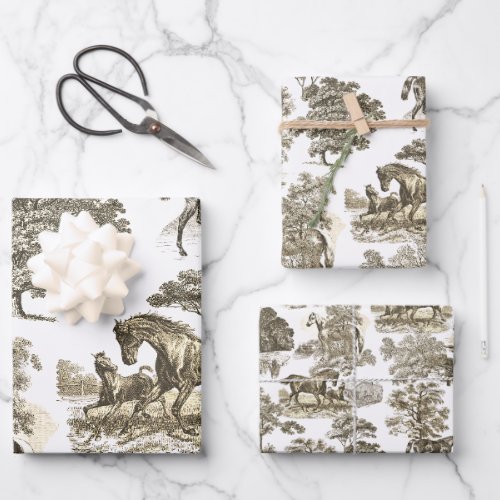Elegant Vintage Rustic Beige Horses Country Toile Wrapping Paper Sheets