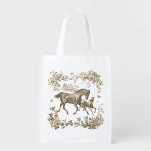 Elegant Vintage Rustic Beige Horses Floral Toile Grocery Bag