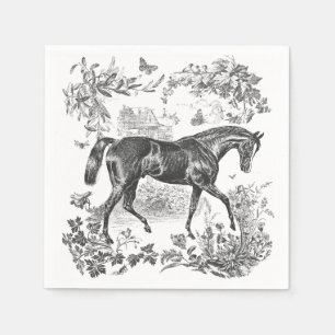 Elegant Vintage Rustic Black Horse Floral Toile Napkins