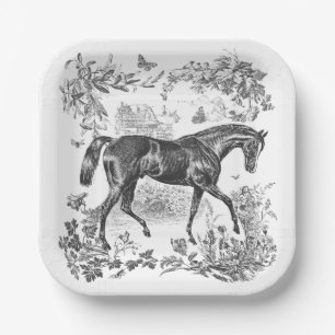 Elegant Vintage Rustic Black Horse Floral Toile Paper Plates