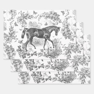 Elegant Vintage Rustic Black Horse Floral Toile Wrapping Paper Sheets