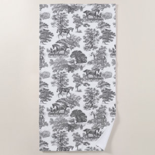 Elegant Vintage Rustic Black White Horses Toile Beach Towel