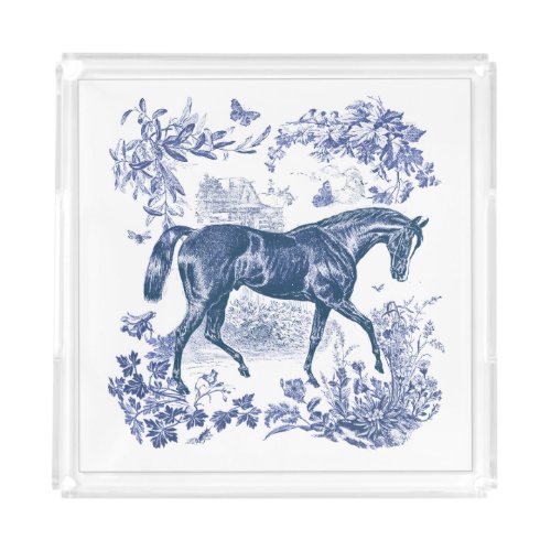 Elegant Vintage Rustic Blue Horse Country Toile Acrylic Tray