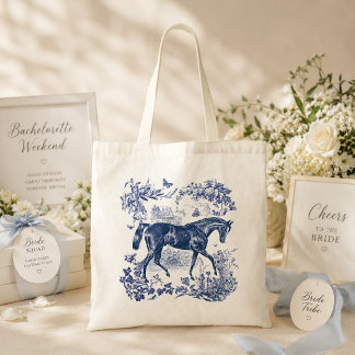 Elegant Vintage Rustic Blue Horse Country Toile Tote Bag