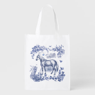 Elegant Vintage Rustic Blue Horse Floral Toile Grocery Bag