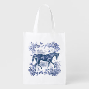 Elegant Vintage Rustic Blue Horse Floral Toile Grocery Bag