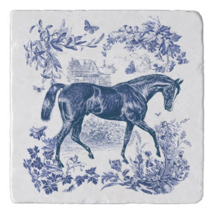 Elegant Vintage Rustic Blue Horse Floral Toile Trivet