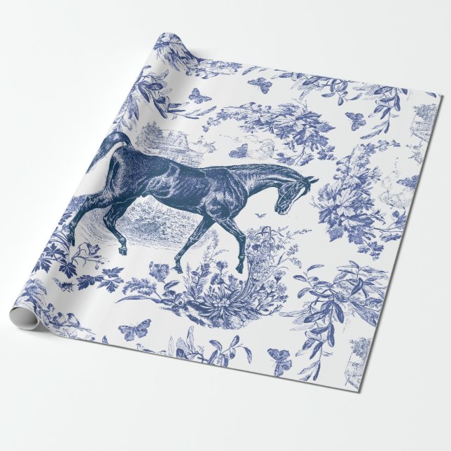 Elegant Vintage Rustic Blue Horse Floral Toile Wrapping Paper (Unrolled)