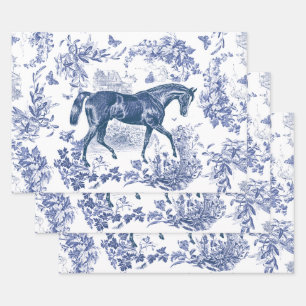 Elegant Vintage Rustic Blue Horse Floral Toile Wrapping Paper Sheets