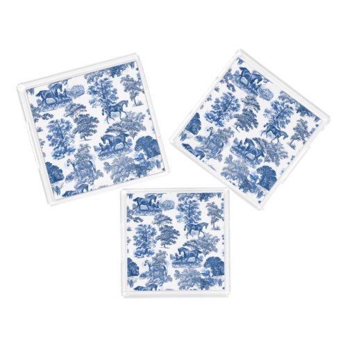 Elegant Vintage Rustic Blue Horses Country Toile Acrylic Tray