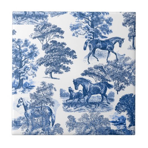 Elegant Vintage Rustic Blue Horses Country Toile Ceramic Tile