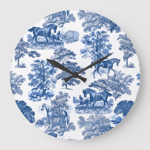 Elegant Vintage Rustic Blue Horses Country Toile Large Clock