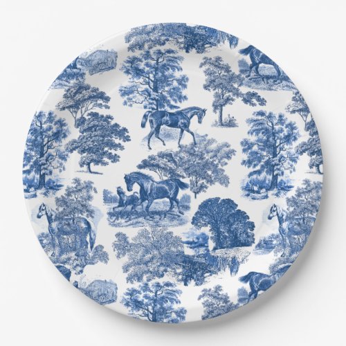Elegant Vintage Rustic Blue Horses Country Toile Paper Plates