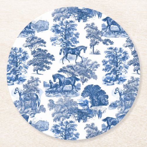 Elegant Vintage Rustic Blue Horses Country Toile Round Paper Coaster