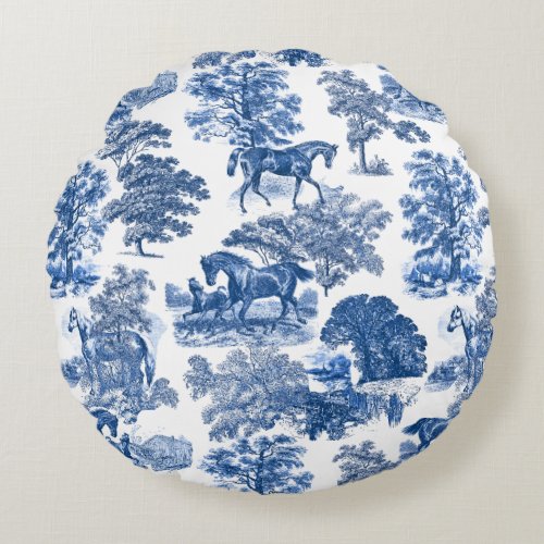 Elegant Vintage Rustic Blue Horses Country Toile Round Pillow