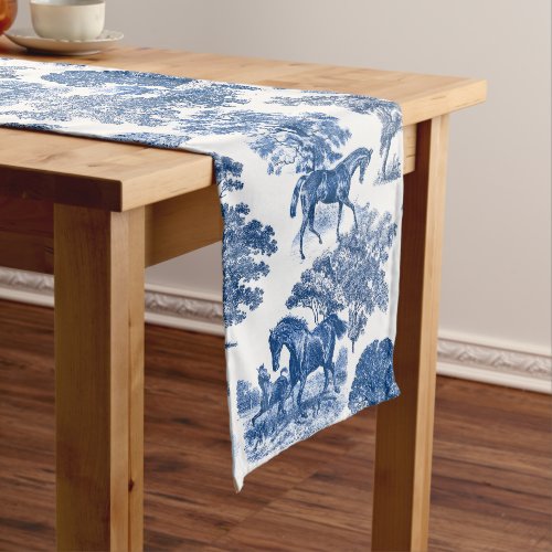 Elegant Vintage Rustic Blue Horses Country Toile Short Table Runner