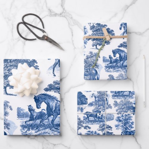 Elegant Vintage Rustic Blue Horses Country Toile Wrapping Paper Sheets