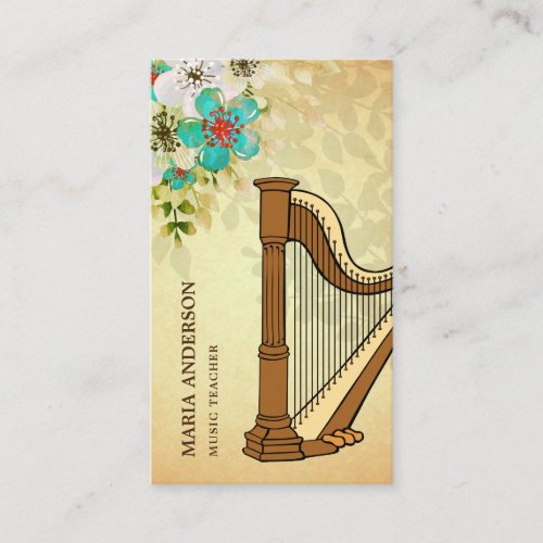 Elegant Vintage Rustic Floral Harp Music Teacher Business Card