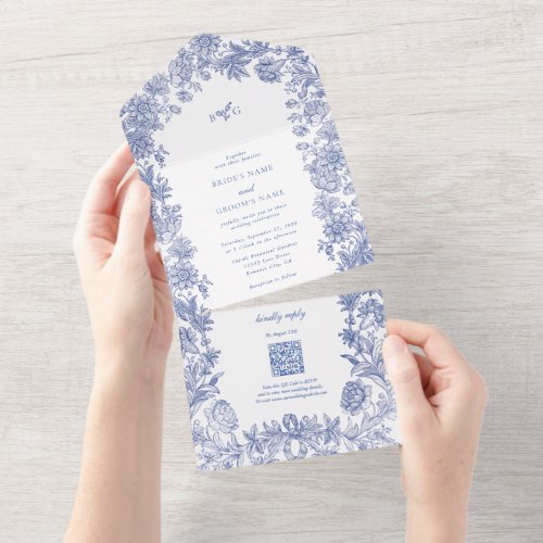 Elegant Vintage Rustic French Blue Floral Wedding All In One Invitation