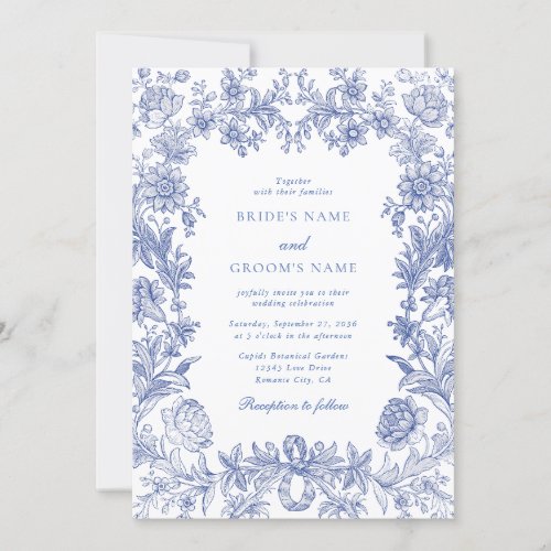 Elegant Vintage Rustic French Blue Floral Wedding Invitation