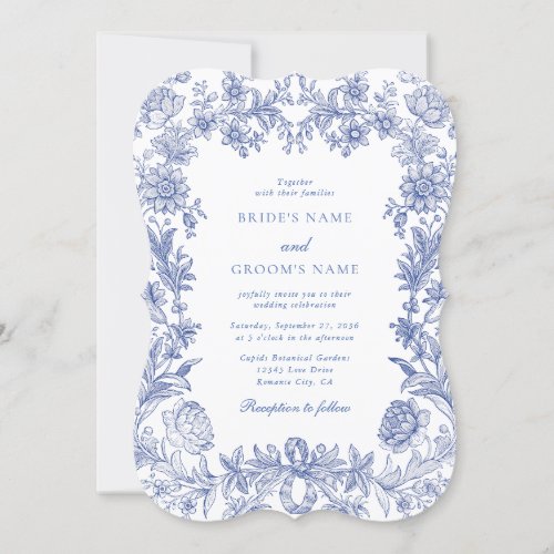 Elegant Vintage Rustic French Blue Floral Wedding Invitation