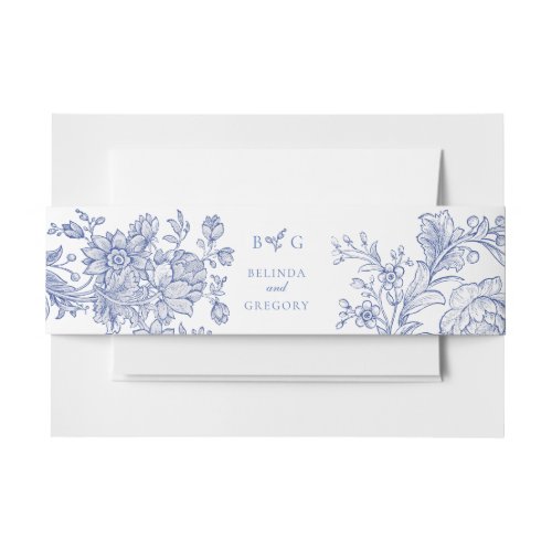 Elegant Vintage Rustic French Blue Floral Wedding Invitation Belly Band