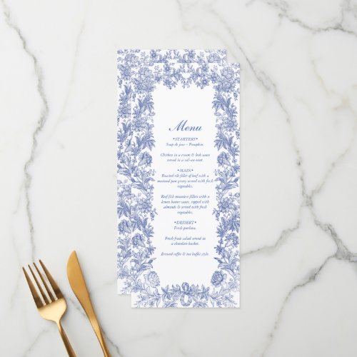 Elegant Vintage Rustic French Blue Floral Wedding Menu
