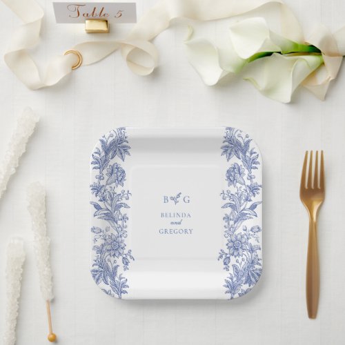 Elegant Vintage Rustic French Blue Floral Wedding Paper Plates