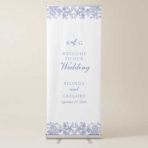 Elegant Vintage Rustic French Blue Floral Wedding Retractable Banner