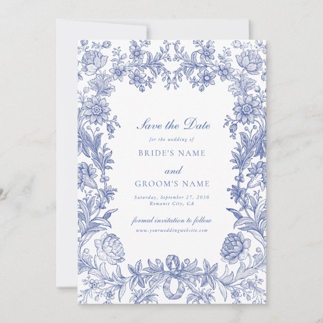 Elegant Vintage Rustic French Blue Floral Wedding Save The Date (Front)