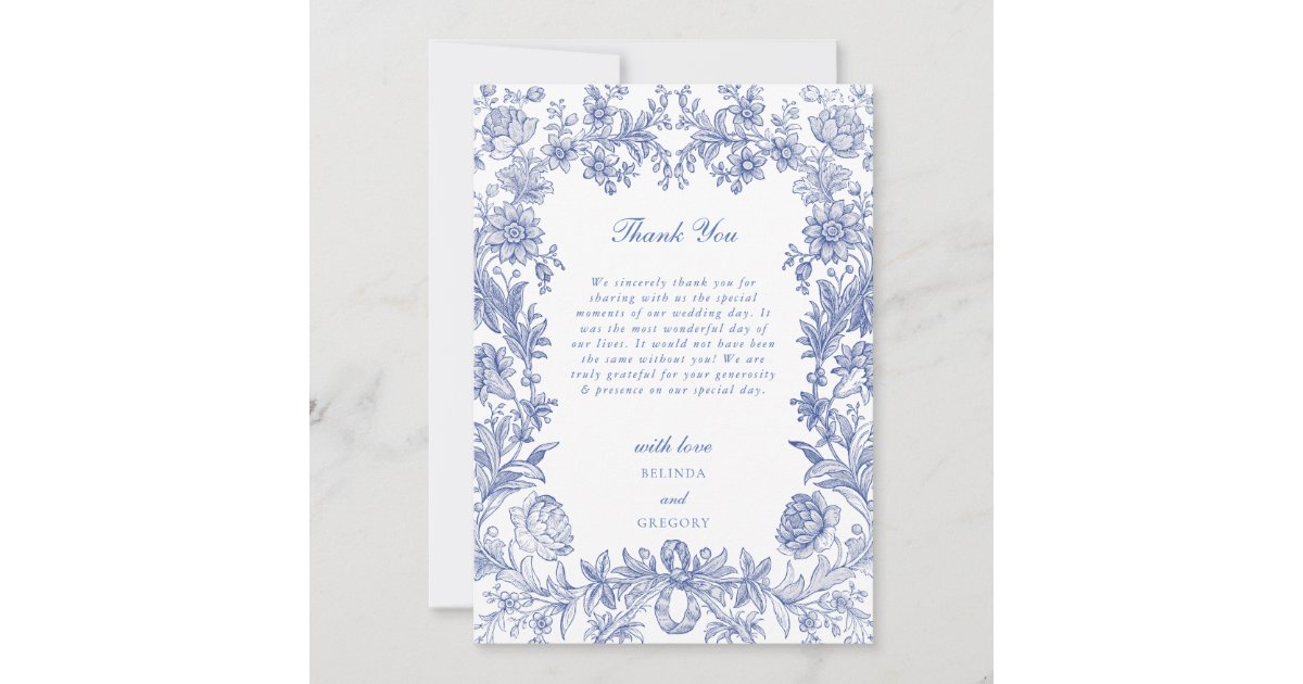 Elegant Vintage Rustic French Blue Floral Wedding Thank You Card | Zazzle