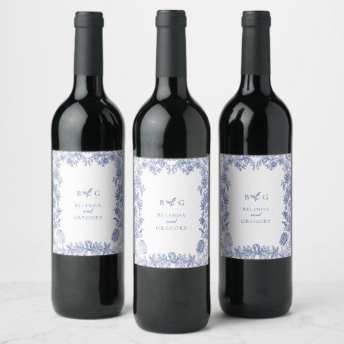 Elegant Vintage Rustic French Blue Floral Wedding Wine Label