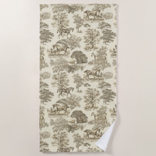Elegant Vintage Rustic Gold Beige Horses Toile  Beach Towel