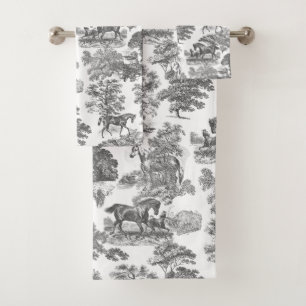 Elegant Vintage Rustic Gray Horses Toile  Bath Towel Set
