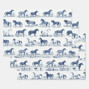 Elegant Vintage Rustic Horse Breeds Blue Toile Wrapping Paper Sheets