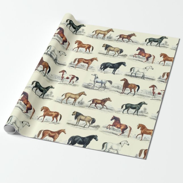 Elegant Vintage Rustic Horse Breeds Toile Wrapping Paper (Unrolled)