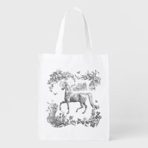 Elegant Vintage Rustic White Horse Floral Toile Grocery Bag