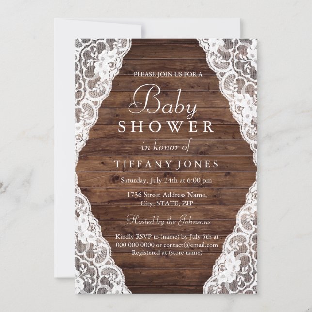 Elegant Vintage Rustic Wood Lace Baby Shower Invitation (Front)
